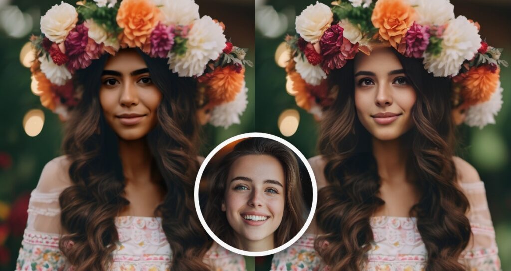 Special Occasions Face Swap Results of a lady with a flower wreath on her head