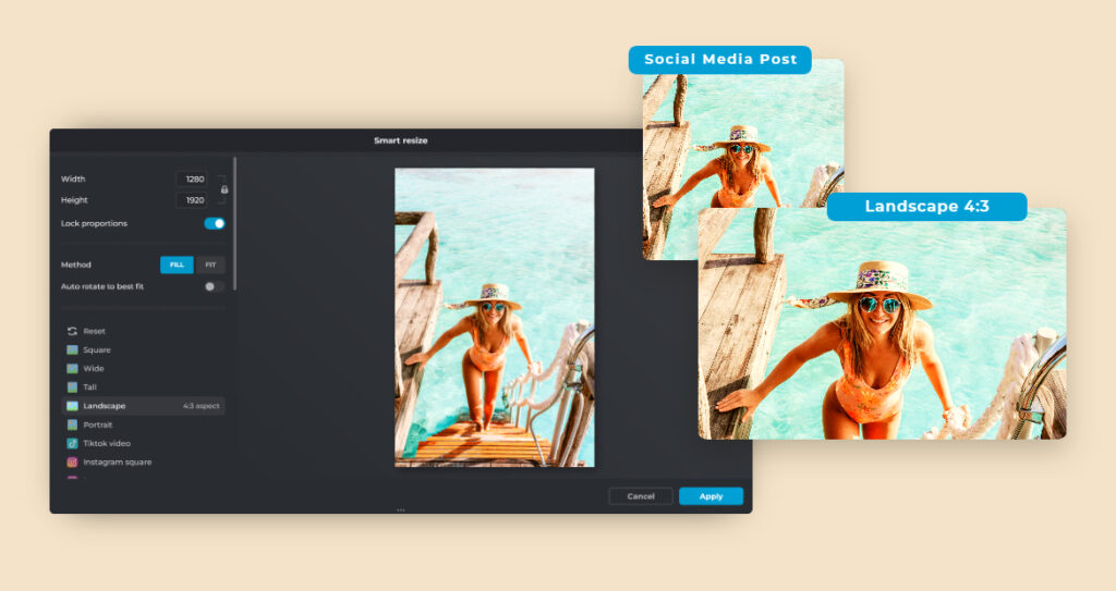 Pixlr X Smart Resize window for a Summer Photo with featured size examples on the right