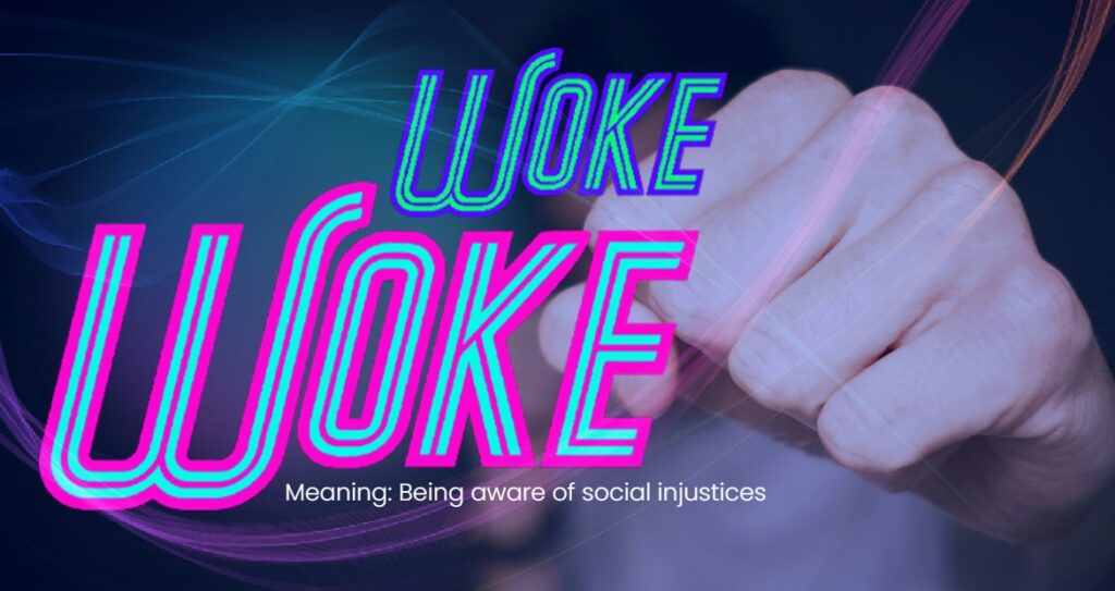 Image featuring slang term "Woke".