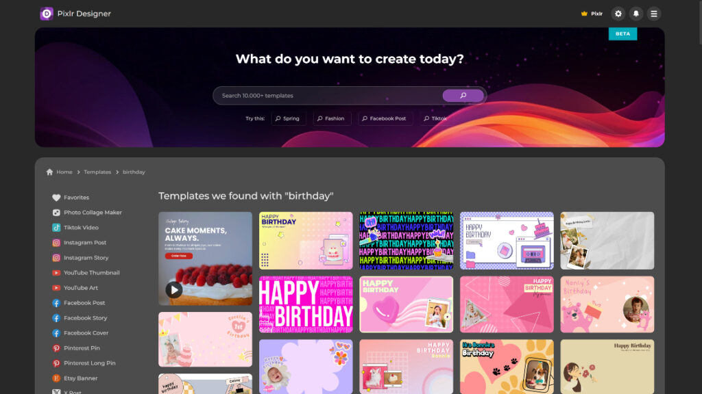 Screenshot of Pixlr Designer birthday templates