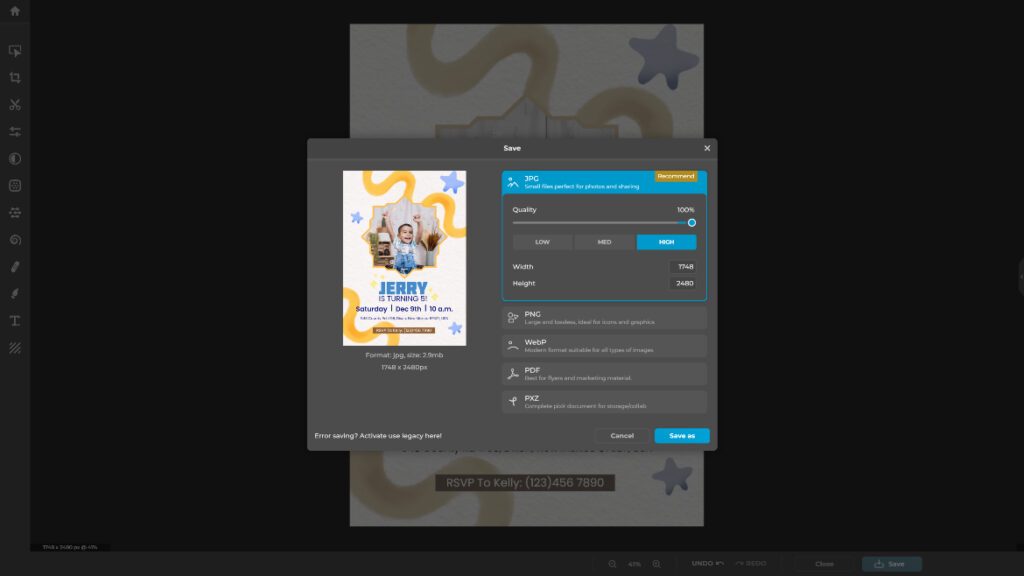 Screenshot of Pixlr Express Save File window